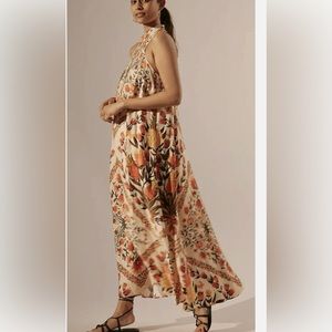Anthropologie Farm Rio Halter Maxi Dress Abstract Botanical, pockets, Large NWT
